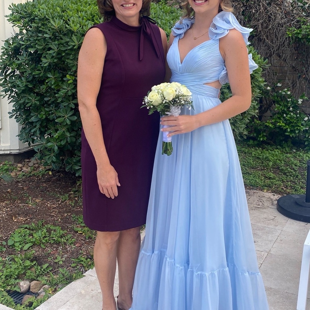 Ruffle Tiered Cut-Out Chiffon Gown, Powder Blue, Size 4